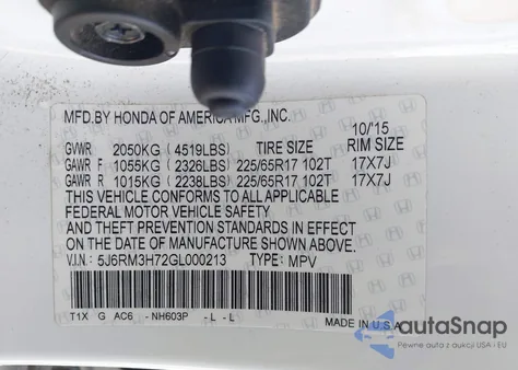 2016 Honda Cr-V Ex-L z USA, uszkodzony, nr VIN 5J6RM3H72GL000213